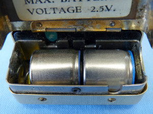 Acousticon Model A-335 Transistor Body Hearing Aid Battery Compartment Showing Two RM-1 Batteries in Place